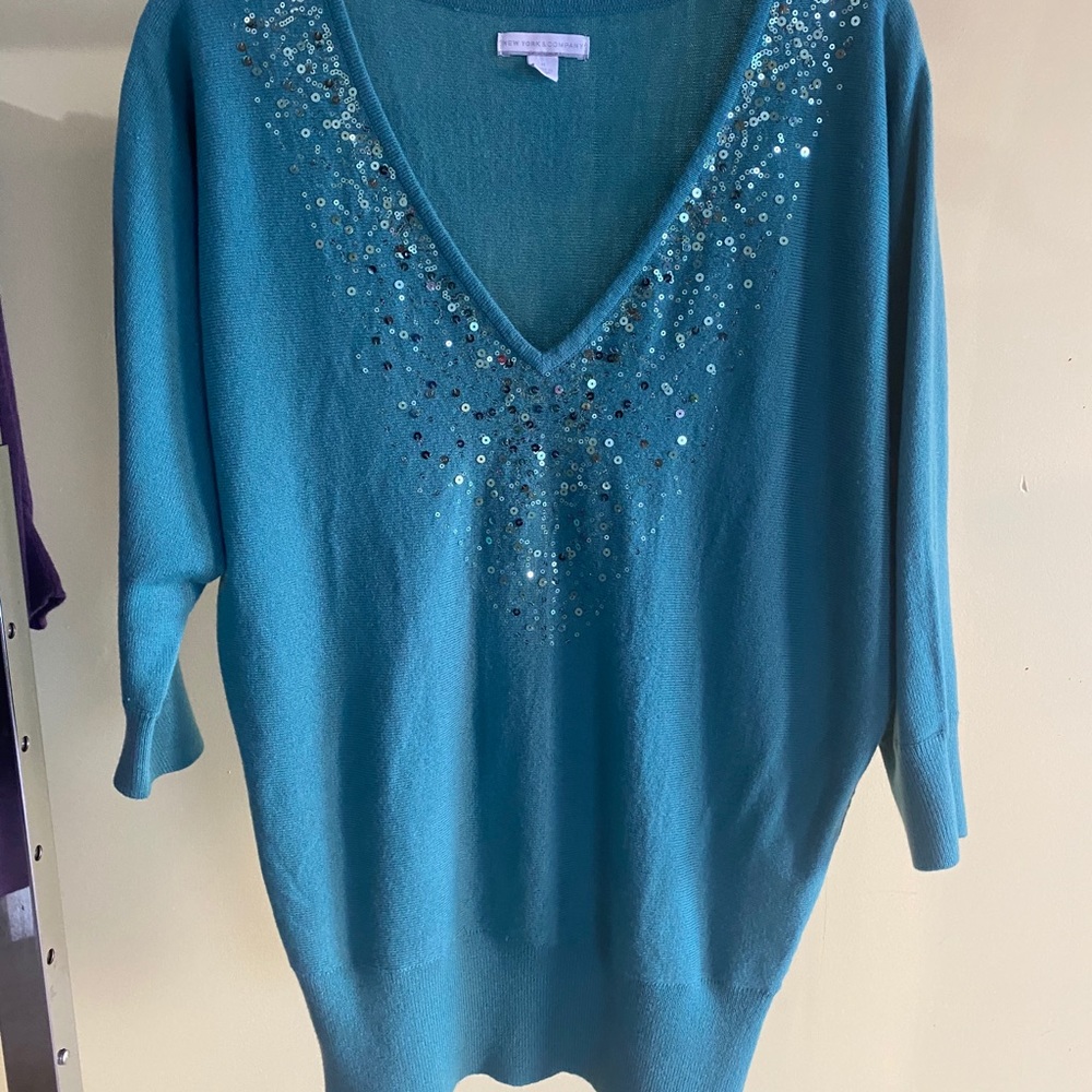 New York & Co. Teal Sequin Sweater/Dolman